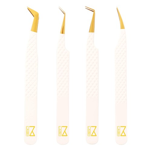 M LASH Eyelash Extension Tweezers (Set of 4) - Professional & Precision Lash Tweezers for Eyelash Extensions - Japanese Steel, Diamond Grip, Fiber Tip V5 (White)