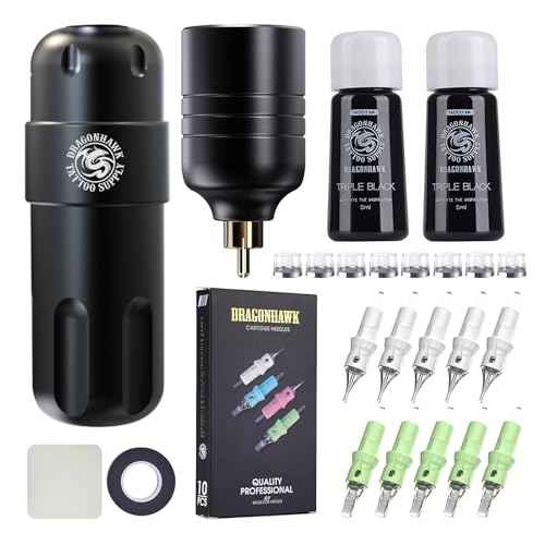 Dragonhawk Beginner Tattoo Kit Wireless Complete Tattoo Gun Machine Kit Rca Jack Battery Power Supply 2 Black Safe Tattoo Inks