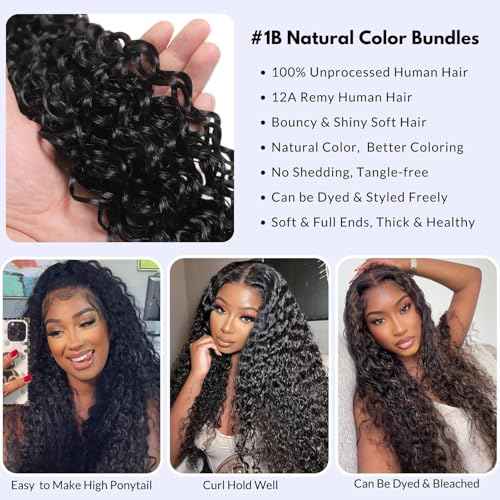 Water Wave Human Hair Bundles - Natural Black Wet & Wavy Curly Sew In Weave, Soft & Shed-free 12A 100% Brazilian Virgin Remy Hair - 3 Bundles, 12, 14, 16 Inch