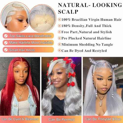 13X6 Silver Grey Lace Front Wigs Human Hair Straight Hd Transparent Gray Lace Front Wig Human Hair Wear and Go Glueless Grey Wigs Human Hair Pre Plucked 24 Inch Grey hd Frontal Wig for Black Women