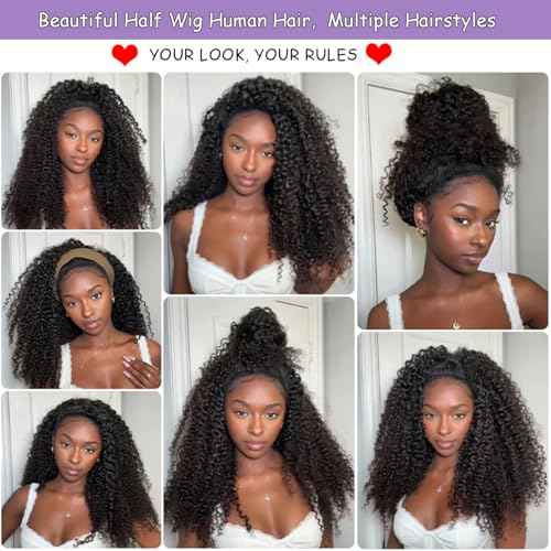 Half Wig Human Hair 210 Density Kinky Curly Half Wig for Black Women 3 In 1 Seamless Flip Over Human Hair Half Wig Glueless Wear and Go Beginner Friendly Drawstring Headband Wig Human Hair 22 inch