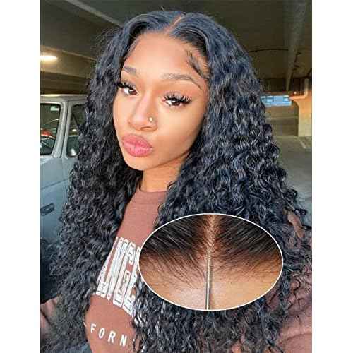 Wear and Go Bye Bye Knots 7x5 Pre Cut HD Lace Deep Wave Glueless wigs Human hair, 3D Dome Cap Glueless Wig Pre Plucked, Lace Pre Cut Glueless Curly Wig Natural black 200% Density 20 Inch