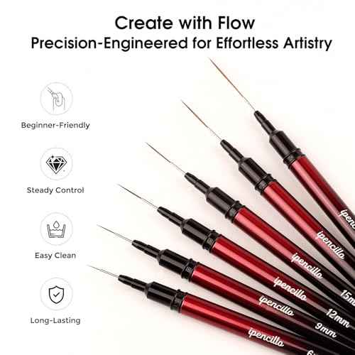 Nail Art Brushes, 6 Pcs Nail Liner Brushes for Nails, Nail Brushes for Nail Art Lines, Details, Edge and Plaid, Nail Art Brushes with Cap, Thin Liner Brushes Sizes 6/9/12/15/18/25 mm, Black