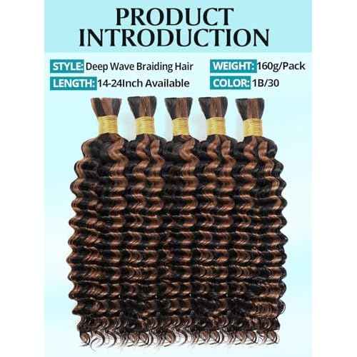 160g 5 Bundles/Pack Ombre Brown Human Braiding Hair for Boho Braids 24 Inch Curly Boho Hair for Braiding Knotless 12A Deep Wave Bulk Bohemian Color P1B/30