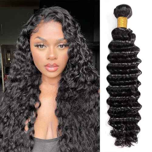 12A Deep Wave Human Hair Bundles 16 Inch Raw Curly Bundles Human Hair 100% Unprocessed 1 Bundles Brazilian Virgin Human Hair Extensions Quick Weave Natural Black Color