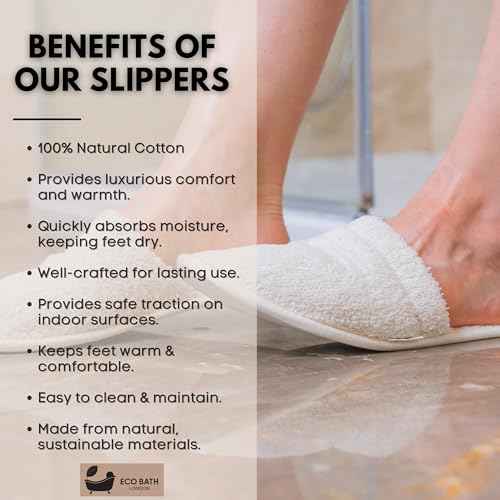 Natural Toweling Slippers - GOTS Certified 100% Organic Cotton, Ultra Soft, Machine Washable Indoor Slippers for Bath and Home S Size US (6-7 Women/5-6 Men)