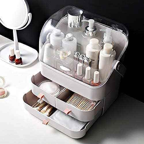 LINFIDITE Cosmetic Storage Box with Lid Waterproof&Dustproof Makeup Organizer Box Portable Handle,Large Makeup Display Case with Drawers Fully Open Lid,Great for Bathroom Countertop Bedroom Dresser