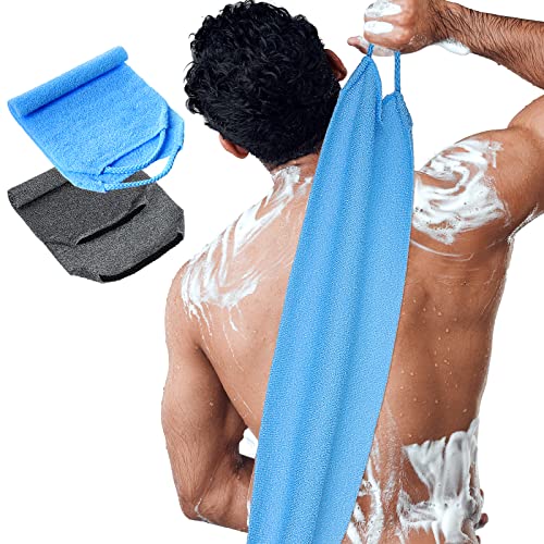 Back Scrubber for Shower Exfoliating Washcloth Back Cloth Body Extended Length Scrubber Towel Nylon Exfoliating Stretchable Pull Strap Wash Cloth for Bath Body Scrub Washcloth 2 Pack (Gray,Blue)