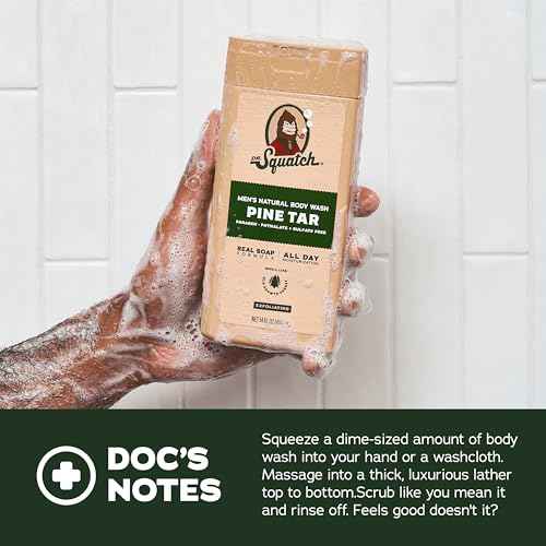 Dr. Squatch NEW Body Wash for Men with Nourishing, Natural Ingredients | No Paraben, Phthalate, Sulfate | Wood Barrel Bourbon (14 oz), Coconut Castaway & Pine Tar (8 oz, 2-Pack) & Body Scrubber