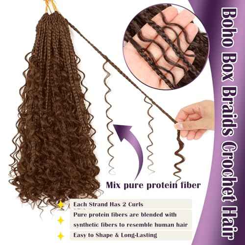 24 Inch Boho Crochet Braids Human Hair Mixed Synthetic Goddess Box Braids Crochet Hair Extensions Pre Looped Bohemian Goddess Braids Crochet Hair for Women (#30, 10 Packs)