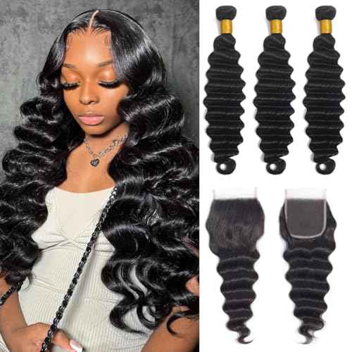 Loose Deep Wave Bundles with Closure Human Hair 100% Unprocessed Brazilian Virgin Hair 3 Bundles with Lace Closure Brazilian Loose Wave Human Hair Bundles (1B#Loose Deep Wave182022+18Free)