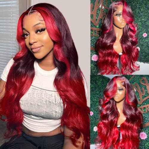 YMS Ombre Red HD Lace Front Wigs Human Hair Pre Plucked 180% Density Black and Red Human Hair Wigs for Women Body Wave Colored Skunk Stripe Glueless Wig Real Hair 20 Inch Transparent Lace Frontal Wig