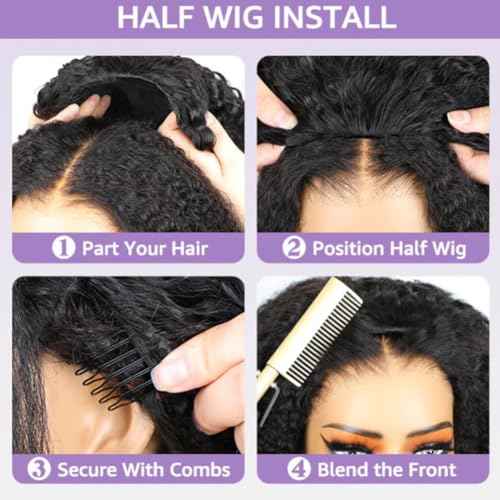 18 inch Curly Half Wig Human Hair for Black Women,Kinky Curly Half Wigs Human Hair ,Seamless Flip Over All Hairstyles In One Headband Wig with Drawstring,Wear and Go Wigs 200% Density Natural Black