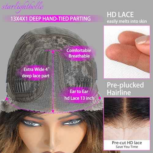 28 Inch Highlight Ombre Lace Front Wig Wear and Go Glueless Wig 1B/30 Body Wave Lace Front Wigs Synthetic Blended Hair Pre Plucked with Baby Hair 220% Density