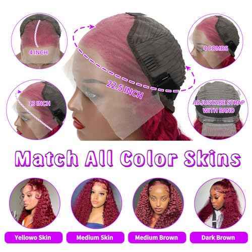 99j Burgundy Lace Front Wigs Human Hair 13x4 Frontal Transparent Lace Deep Wave Wig Human Hair Red Frontal Wigs Human Hair (22 Inch)