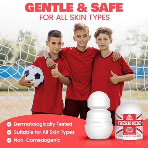 Fresh Kidz Roll On Deodorant for Kids and Teens - Baking Soda and Aluminum-free 24 Hour Protection for Sensitive Skin - Boys "Red" 1.86 fl.oz. (3 Pack)