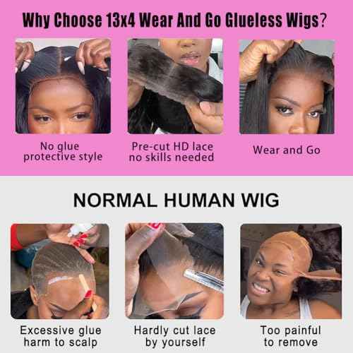 Glueless Wigs Human Hair Pre Plucked Pre Cut Wear and Go Glueless Wig 13x4 HD Deep Wave Lace Front Wigs Human Hair for Black Women Frontal Wigs with Natural Hairline 180% Density 26 Inch