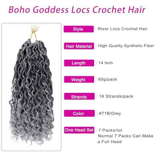 Goddess Locs Crochet Hair 14 Inch 7 Packs Ombre Grey Boho Faux Locs Crochet Hair for Black Women Pre Looped Crochet Locs with Curly Ends (1B/Gray)