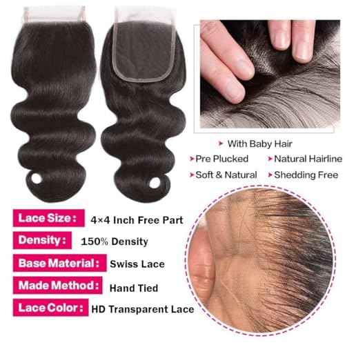 100% Brazilian Virgin Human Hair Body Wave Natural Black Human Hair Bundles with 4x4 Lace Closure, 3 Bundles with Closure (14, 16, 18+12 Natural Black)