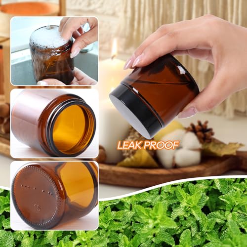 2 Pack 4 oz Amber Glass Jars with lids, Cosmetic Jars with Inner Liners and Black Lids, Lotion Jars, Candle Making Jars for Lotions, Scrubs and Cosmetic, Lables and Spatulas Include