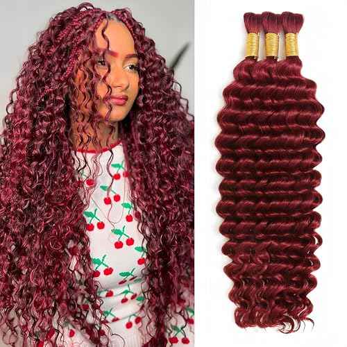 Human Braiding Hair for Boho Braids 120g 12A Deep Water Wave Bulk Human Hair Knotless Boho Braiding Curly 100% Virgin No Weft Extensions Bohemian Braids 3 Bundles/Pack Burgundy 20 Inch