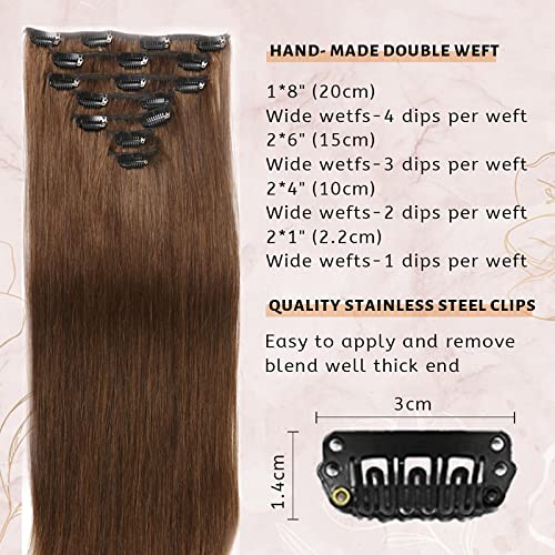 Clip in Hair Extensions Real Human Hair For Women Medium Brown Hair Extensions 70g 100% Remy Virgin Human Hair Clip In Extensions Double Weft Clips Straight Soft Hair No Tangles 14inch