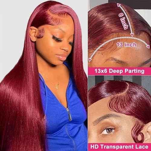 30 Inch 99J Burgundy Wig Human Hair 13x6 Lace Front Wigs Human Hair Straight HD Lace Front Wigs Human Hair Pre Plucked Red Wine Glueless Frontal Wigs Human Hair for Women