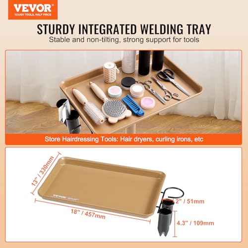 VEVOR Salon Tray Cart, 30"-43" Height Adjustable Rolling Salon Tray, Cold-Rolled Plate Tattoo Tray with 5 Wheels (2 Lockable) for SPA Barber Clinic, Gold & Black