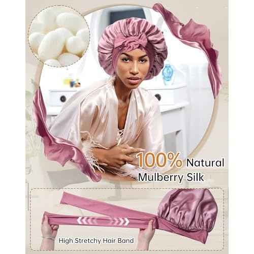 100% Mulberry Silk Bonnet for Sleeping Women Silk Hair Bonnet Elastic Tie Band Hair Wrap with Silk Hair Scrunchies and Silk Sleep Eye Mask(Bean Paste+Pink)