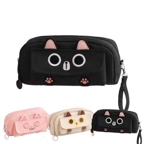 NIORYUZ Kitty Cat Pencil/Pen Pouch 4-Layers Extra Capacity Cosmetic Organizer Pen Brush Holder Mesh Pockets (4 Layers - Black)