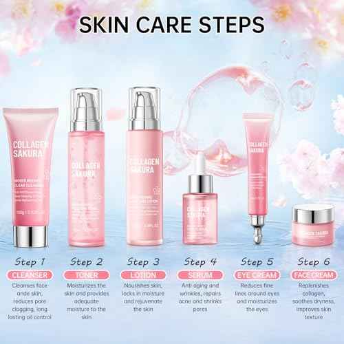 Sakura Skin Care Set for Teen Girls, Cherry Blossom Skincare Gift Set for Teens & Women, Moisturize & Repair Skin, 6 Pcs Collagen Skin Care Kits with Cleanser, Toner, Lotion, Serum, Cream & Eye Cream