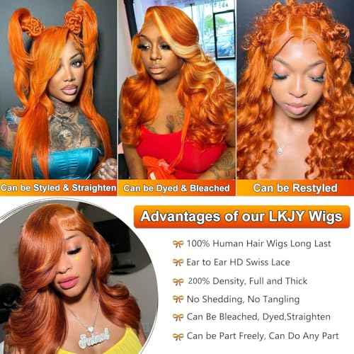 20 Inch Ginger Orange 13x6 Body Wave Lace Front Wigs Human Hair 200% Density Glueless HD Transparent Lace Frontal Wigs Human Hair Pre Plucked With Baby Hair Ginger For Women