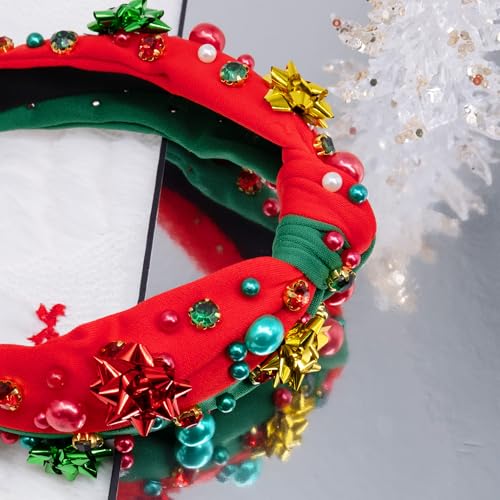 pVq Christmas Headband for Women Knotted Headband with Christmas Tree Crystal Pearl Snowflake Ribbon Xmas Holiday Hairband (Pearl Flower - Red Green, One Size)