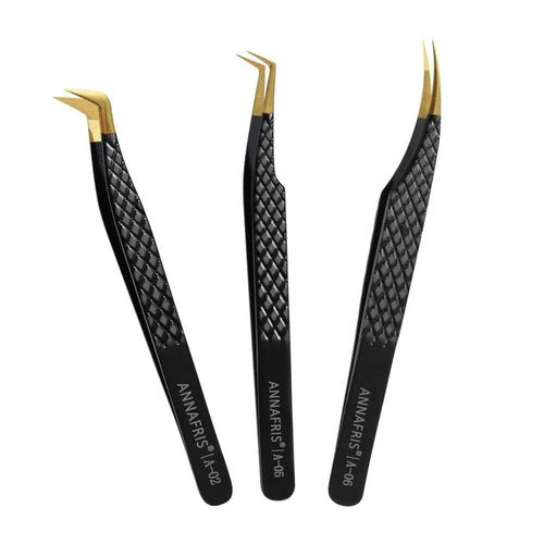 ANNAFRIS Lash Tweezers for Eyelash Extensions,Precision Fiber Tip for Volume Eyelash Extension,Lash Extension Tweezers for Easy Application and Removal (Black, 3PCS-03)