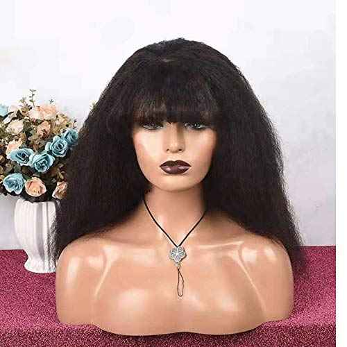 Kinky Blow Out Wig With Bangs Human Hair None Lace Front Wig Glueless Kinky Straight Scalp Top Wig Full Machine Made Brazilian Remy Hair 150% Density Natural Color 14"