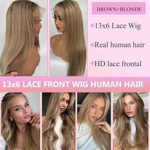 Highlight Lace Front Wig Human Hair Thick 180% Density Straight 13x6 HD Transparent Lace Frontal Wigs Light Brown to Ash Blonde Highlights Wigs Virgin Hair Colored 22 Inch