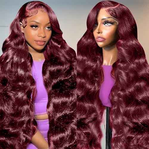 24 Inch Burgundy Wig Human Hair 13x6 Burgundy Lace Front Wigs Human Hair 200 Density HD Lace Front Wigs Glueless Wine Red Body Wave Lace Front Wigs Pre Plucked for Women