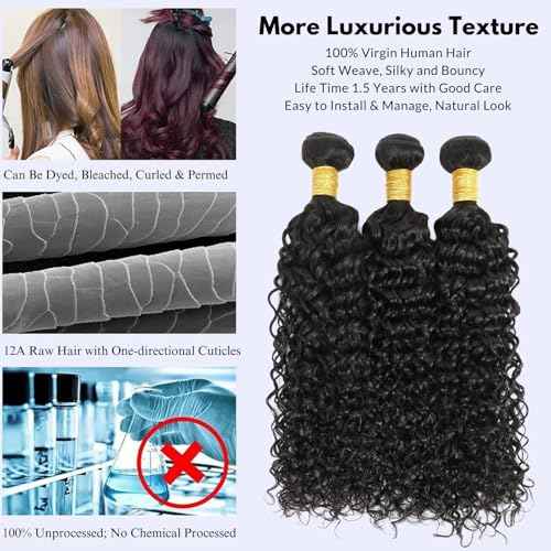 Water Wave Human Hair Bundles - Natural Black Wet & Wavy Curly Sew In Weave, Soft & Shed-free 12A 100% Brazilian Virgin Remy Hair - 3 Bundles, 12, 14, 16 Inch