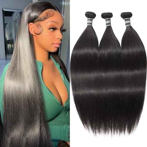 ASHINE Human Hair Bundles Body Wave Straight, Unprocessed Cambodian Raw Hair Bundles for Women Natural Black 14 16 18 Inch, Keep Soft and Silky After Multiple Washes