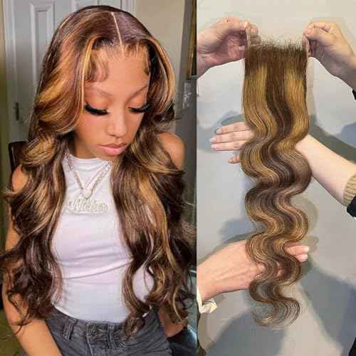 Honey Blonde Highlight Body Wave Closure Human Hair 12 inch, Ombre 4x4 Transparent Lace Closure Frontal Pre Plucked with Baby Hair Brazilian 12A Unprocessed Virgin Remy 4/27 Wavy Closure Sew In