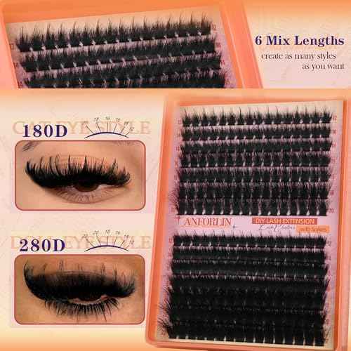 Thick Lash Clusters With Spikes 180D+280D Volume Eyelash Clusters 12-22MM Long Manga Lash Extension Spiky Cluster Eyelash Extensions 224Pcs Manga Individual Lashes DIY at Home by Anforlin