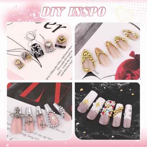 Silver and Gold Nail Charms and Gems, 1.5-5mm Half Round Flatback Nail Pearls Ball Beads for Nails with Pickup Pencil and Tweezers, Pearl Nail Charm Rhinestones for Crafting Face Hair Manicure DIY