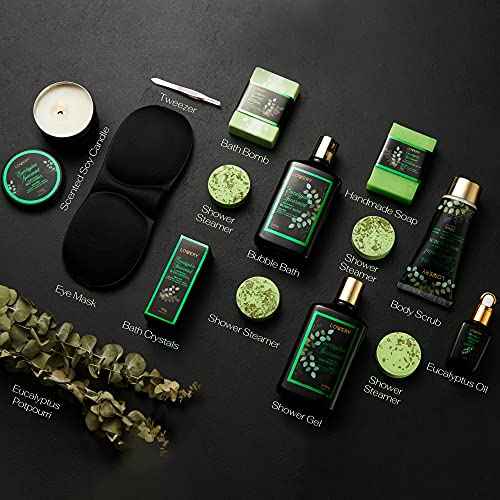 Christmas Eucalyptus Spearmint Bath Set, Home Spa Set with Natural Mint Fragrance, 17 Pcs Gift Basket, Eucalyptus Bath Oil, Shower Gel, Bubble Bath, Bath Crystal, Steamer Tablet & More, Birthday Gift