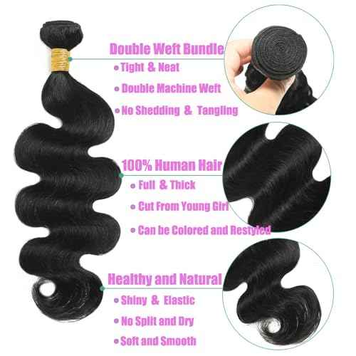 12A Body Wave Human Hair Bundles with Closure (18 20 22+16,Free Part) Closure with 3 Bundles Brazilian Virgin Hair Extensions with Pre Plucked with Baby Hair 5X5 HD Lace Closure Natural Black Color