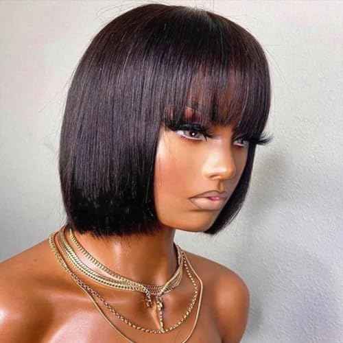 Straight Short Bob Natural Black HD Lace Front Wigs with Baby Hair 13X4 Glueless Human Hair Bangs Pre Plucked with Bleached Knots 180 Density for Black Woman 10 Inch