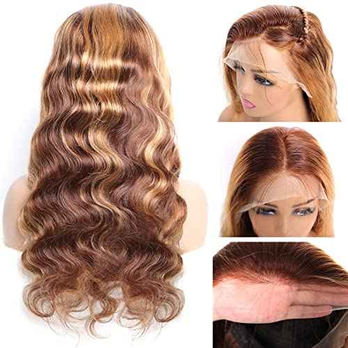 Honey Blonde Ombre Lace Front Wig Human Hair Pre Plucked 13x4 HD Transparent 4/27 Highlight Lace Frontal Wigs with Baby Hair 200% Density Colored Body Wave Lace Front Wigs For Women 22 Inch