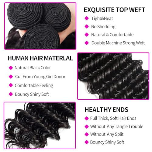 12A Deep Wave Bundles Human Hair 12 14 16 Inch 100% Unprocessed Brazilian Virgin Deep Curly Human Hair 3 Bundles Wet and Wavy Double Weft Deep Wavy Hair Extensions Real Human Hair Natural Black