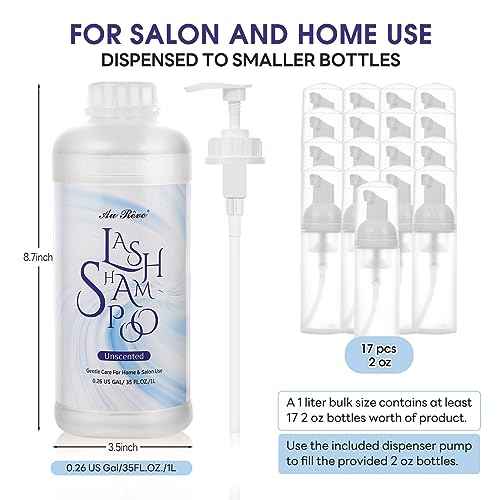 Lash Shampoo for Lash Extensions 1L/35fl.oz Eyelash Extension Cleanser Lash Cleaning Kit, Gentle Foaming Eyelash Shampoo with Brush and Wash Bottle for Salon Home Care Unscented