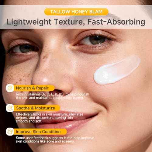 Beef Tallow Honey Balm for Skin,Face,Body - Handmade Whipped Cream Face Moisturizer with 100% Narural Organic Grass-Fed Beef Tallow & Raw Honey - Balm For Dry, Sensitive Skin - Unscented,4.23OZ