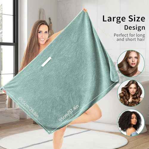 2 Pack Extra Large Microfiber Hair Towel Wrap, 37.4" x 26.4" for Women, Super Absorbent & Quick Dry Hair Towel with Elastic Strap for Curly Hair Green